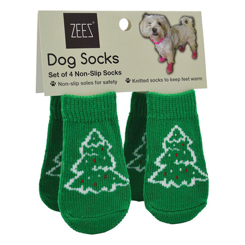 Zeez Non-Slip Sole Knitted Dog Socks Christmas Tree Green Medium Set of 4