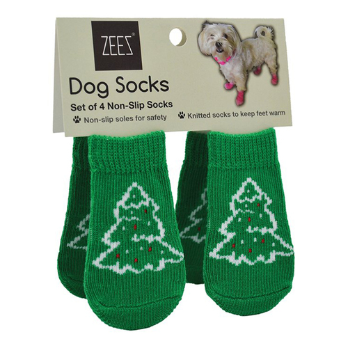 Zeez Non-Slip Sole Knitted Dog Socks Christmas Tree Green Large Set of 4