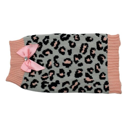 Zeez Knitted Dog Sweater w/ Bow Grey/Pink Leopard XL 45cm