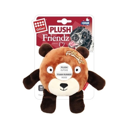 Gigwi Plush Friendz Dog Toy Rubber Ring Squeaker Bear Medium 