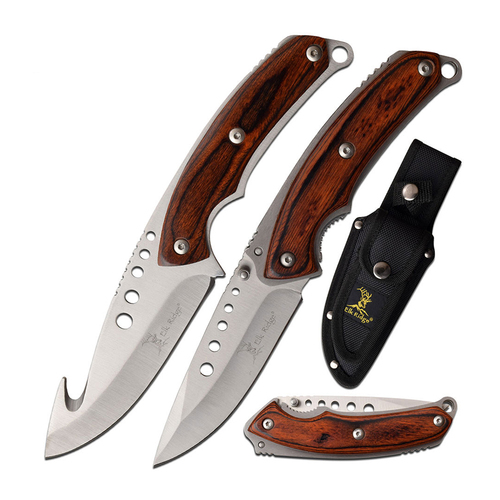 Elk Ridge Pakkawood Hunting Knife Set w/ Combo Sheath (K-ER-054BR)