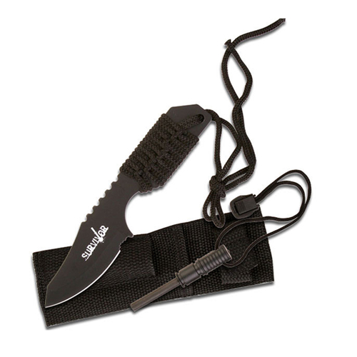 Survivor Black Paracord Wrapped Knife w/ Fire Starter (K-HK-106321B)