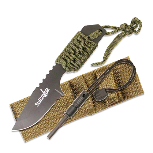 Survivor Green Paracord Wrapped Knife w/ Fire Starter (K-HK-106321G)