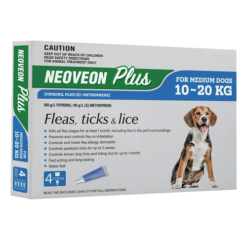 Neoveon Plus Spot-on Flea & Tick Treatment for Medium Dogs 10-20kg 4 Pack