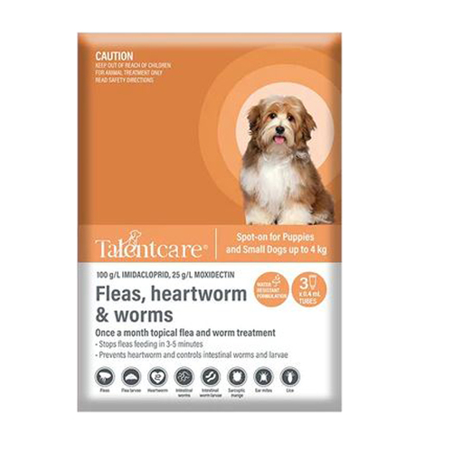 TalentCare Flea Heartworm & Worm Spot-on for Puppies & Sml Dogs Up to 4kg 3 Pk